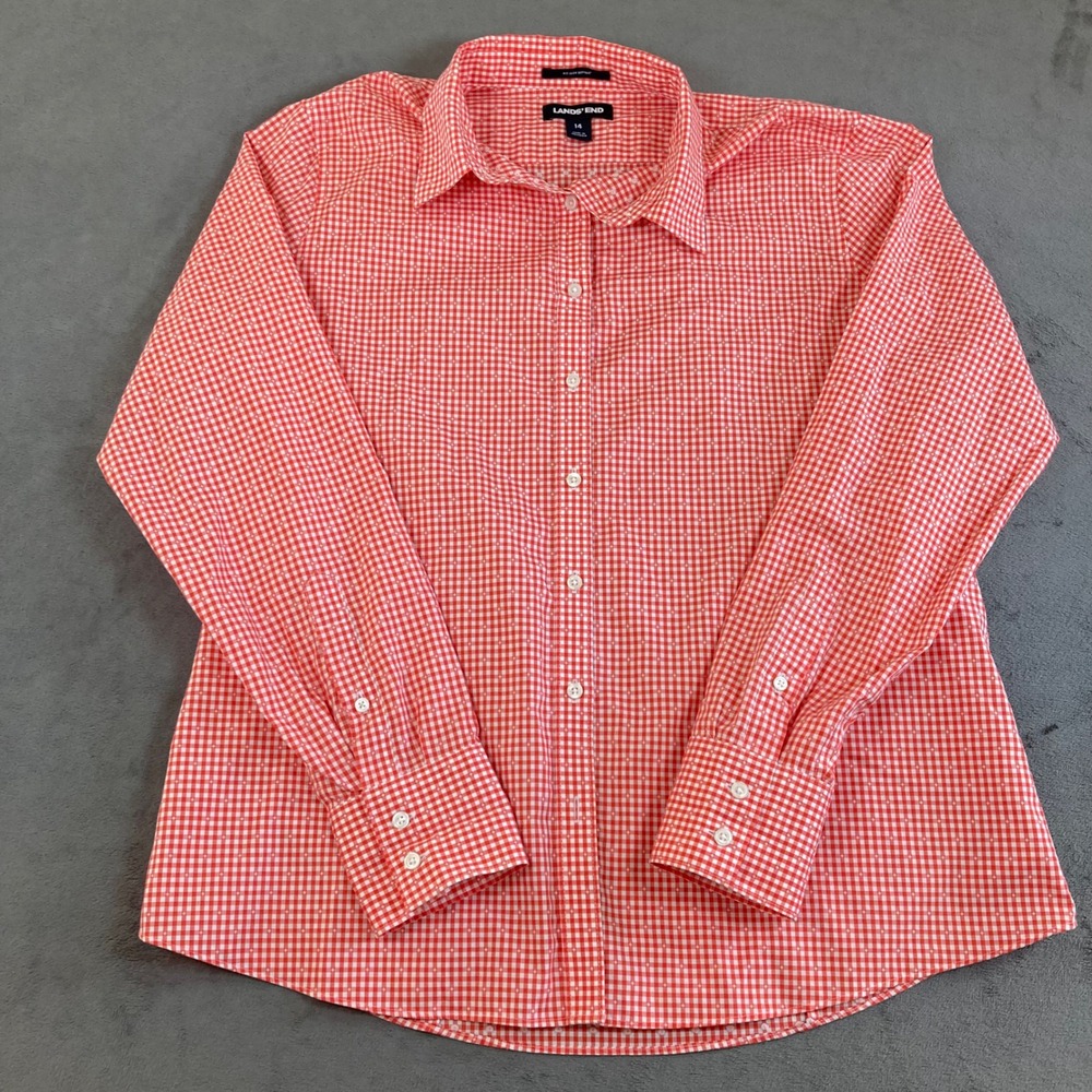 Lands End Womens 14 Gingham No Iron Supima Cotton Button Down Shirt Long Sleeve